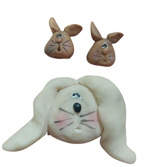 Clay Bunny Brooch & Earrings Set Handmade Rabbit Jewelry Easter - Picture 1 of 5